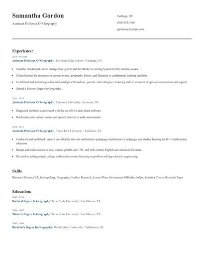 Assistant Professor Of Geography Resume