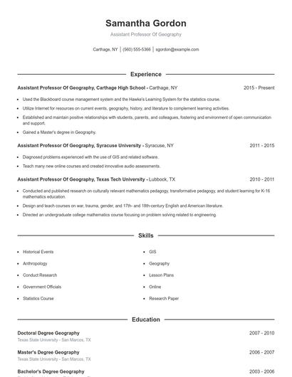 Assistant Professor Of Geography Resume