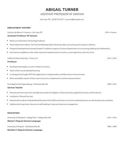 Assistant Professor Of German Resume