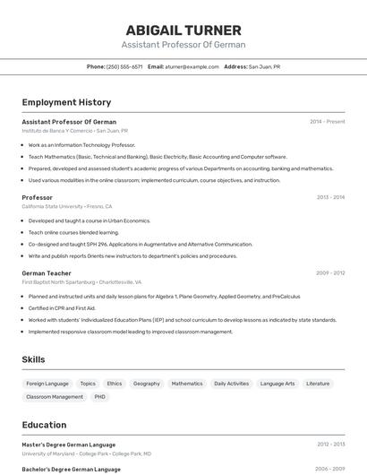 Assistant Professor Of German Resume
