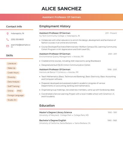 Assistant Professor Of German Resume