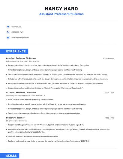 Assistant Professor Of German Resume