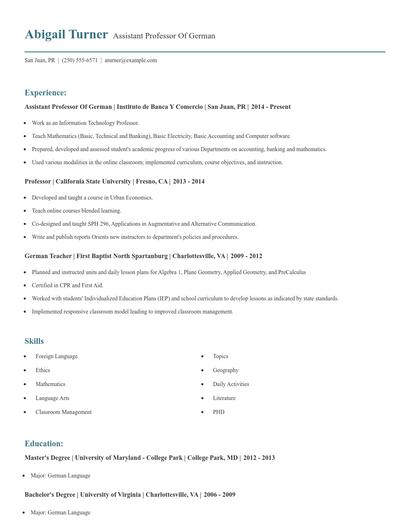 Assistant Professor Of German Resume