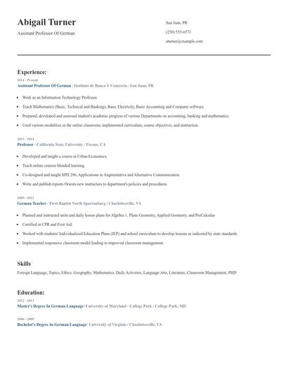 Assistant Professor Of German Resume