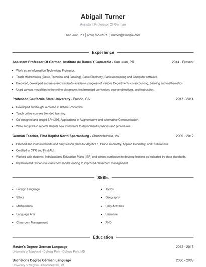 Assistant Professor Of German Resume