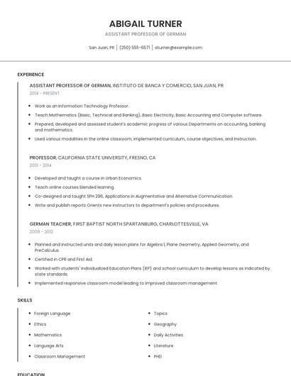 Assistant Professor Of German Resume