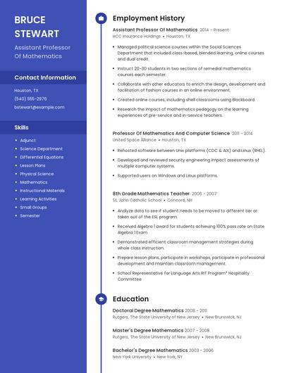 Assistant Professor Of Mathematics Resume
