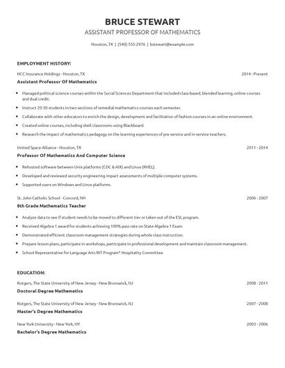 Assistant Professor Of Mathematics Resume