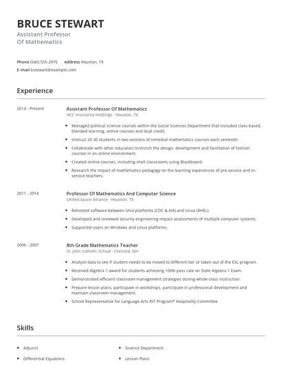 Assistant Professor Of Mathematics Resume