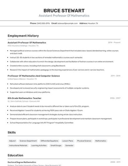 Assistant Professor Of Mathematics Resume