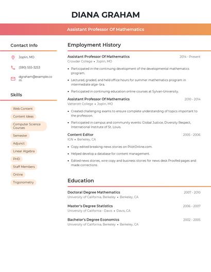Assistant Professor Of Mathematics Resume
