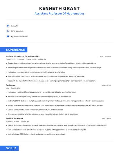 Assistant Professor Of Mathematics Resume