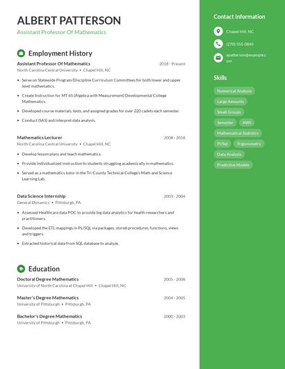 Assistant Professor Of Mathematics Resume