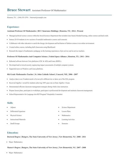 Assistant Professor Of Mathematics Resume