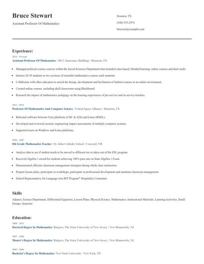 Assistant Professor Of Mathematics Resume