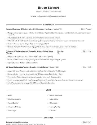 Assistant Professor Of Mathematics Resume