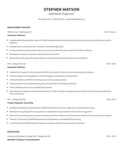 Assistant Publicist Resume