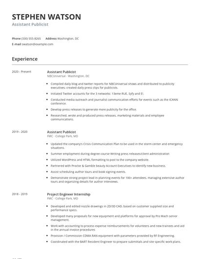Assistant Publicist Resume