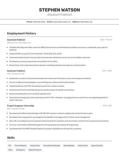 Assistant Publicist Resume