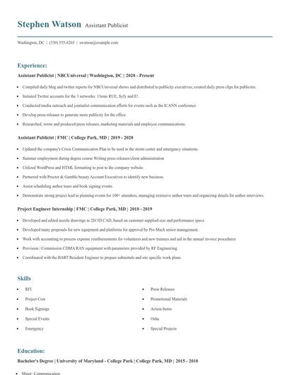Assistant Publicist Resume