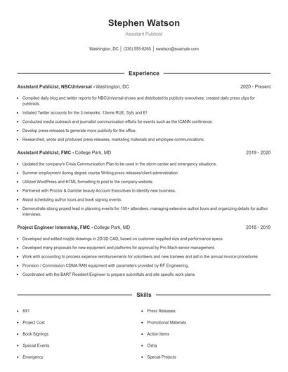 Assistant Publicist Resume