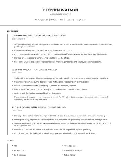 Assistant Publicist Resume