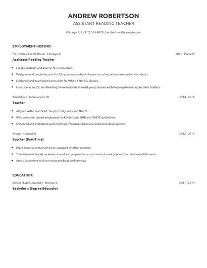 Assistant Reading Teacher Resume