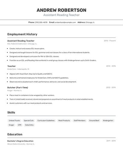 Assistant Reading Teacher Resume