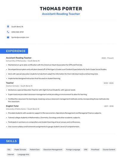 Assistant Reading Teacher Resume