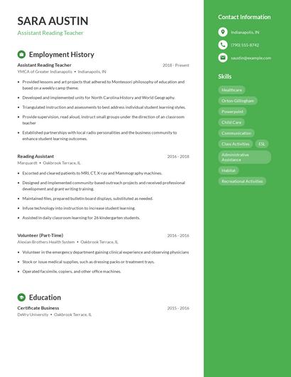 Assistant Reading Teacher Resume