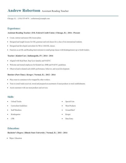 Assistant Reading Teacher Resume