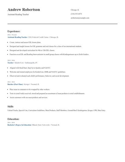 Assistant Reading Teacher Resume