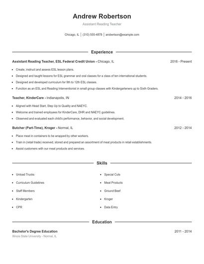 Assistant Reading Teacher Resume