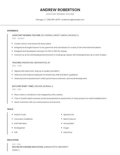 Assistant Reading Teacher Resume