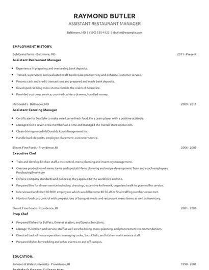 Assistant Restaurant Manager Resume