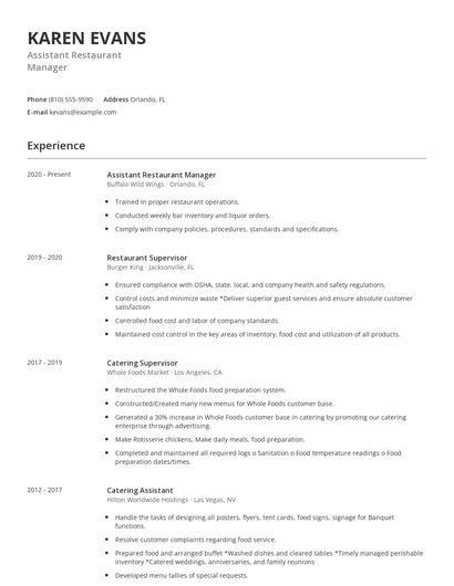 Assistant Restaurant Manager Resume