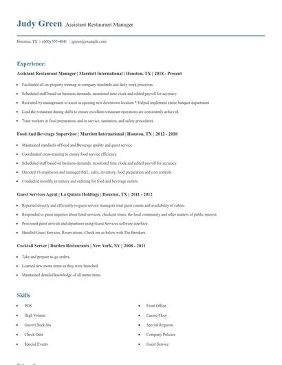 Assistant Restaurant Manager Resume