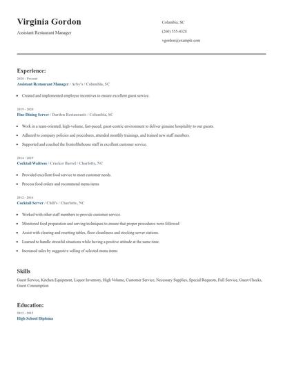 Assistant Restaurant Manager Resume