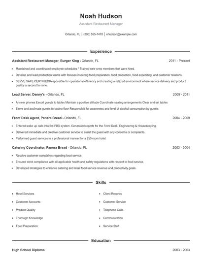 Assistant Restaurant Manager Resume