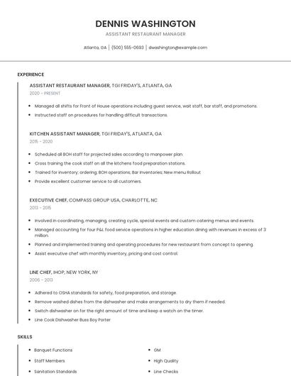 Assistant Restaurant Manager Resume