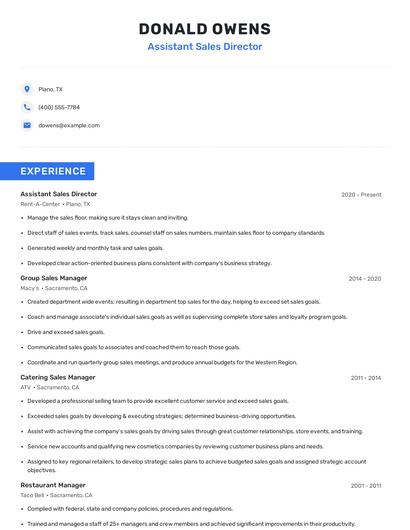Assistant Sales Director Resume