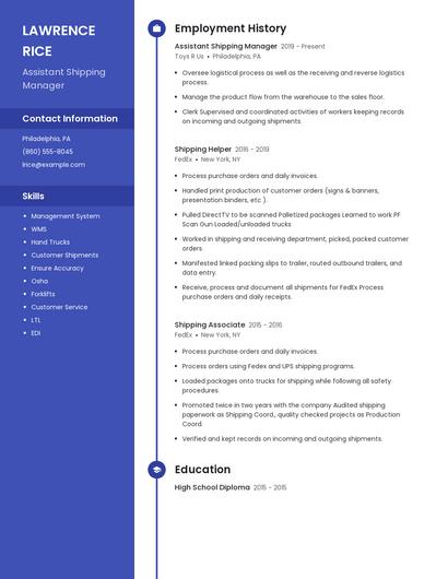 Assistant Shipping Manager Resume
