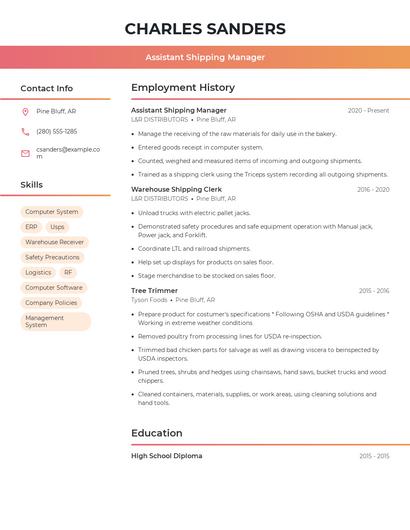 Assistant Shipping Manager Resume