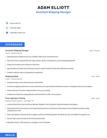 Assistant Shipping Manager Resume
