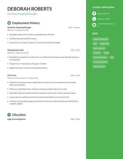 Assistant Shipping Manager Resume