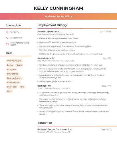 Assistant Sports Editor Resume