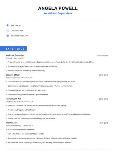 Assistant Supervisor Resume