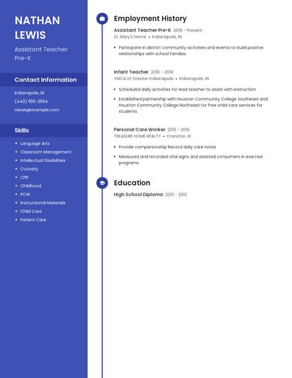 Assistant Teacher Pre-K Resume