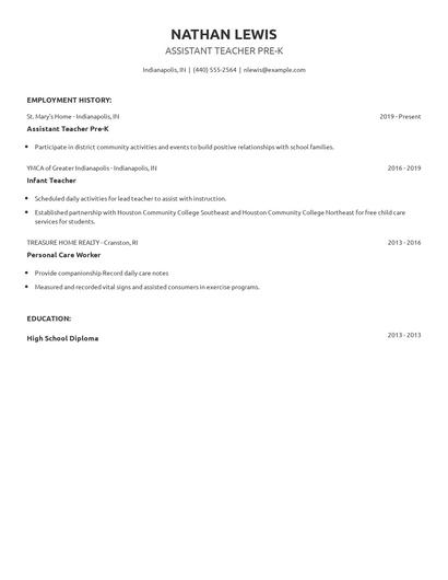 Assistant Teacher Pre-K Resume