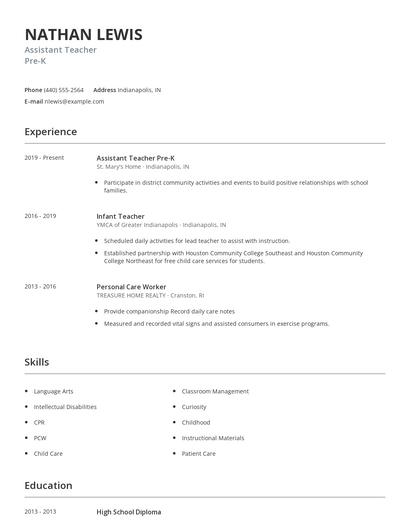 Assistant Teacher Pre-K Resume